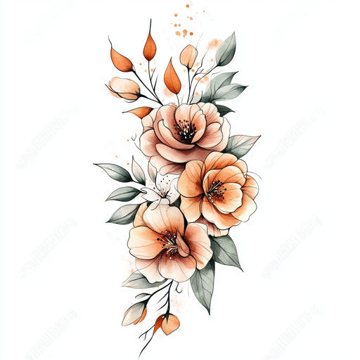 Women's upper arm tattoo with watercolor floral bouquet