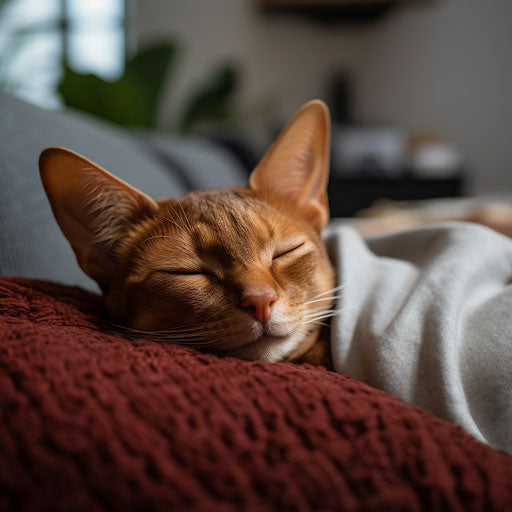 Abyssinian cat napping on a couch with its owner