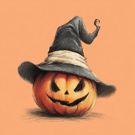 A jack-o'-lantern in a witch's hat with a cheeky look