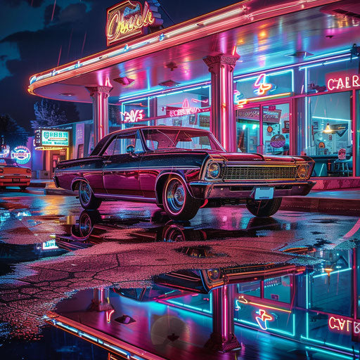 Neon-lit 1967 Chevy Bel Air hotrod in front of retro diner at night