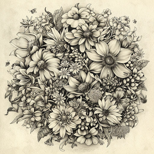 Enchanting garden with blooming flowers and tattoo sketch