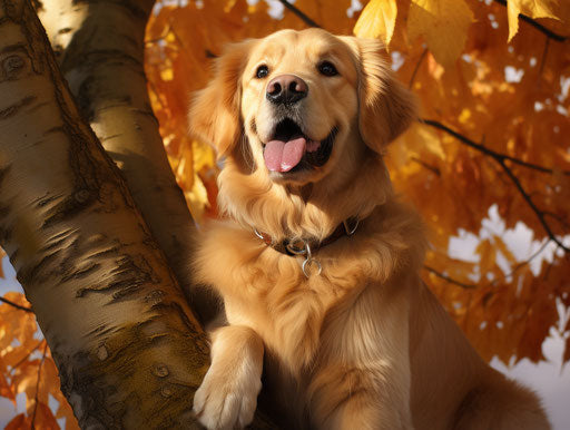 Golden retriever sitting in tree
