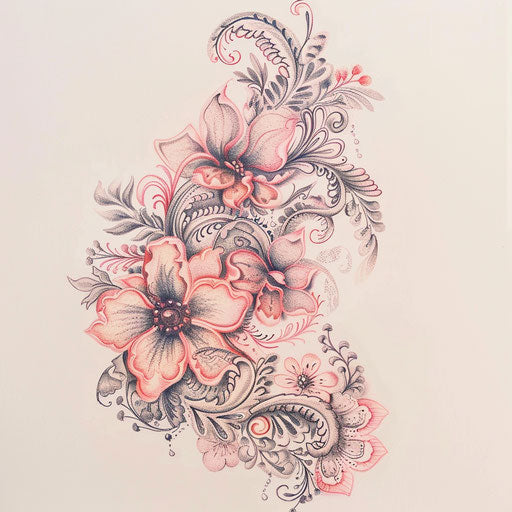 Delicate lace tattoo sketch with intricate floral motifs and soft pastel colors
