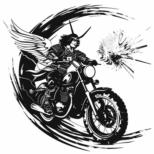 Archangel Michael on samurai-themed motorcycle, white background