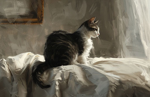 A small cat sitting on a bed, dark brown and white