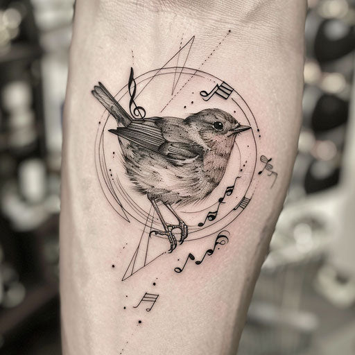 Lively tattoo sketch of a robin in mid-song with musical notes