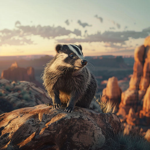 Badger with stunning panoramic view, in the style of Marsel van Oosten