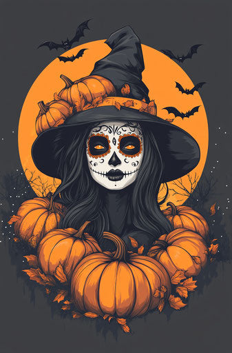 Witch with sugar skull makeup, pumpkins, and moon