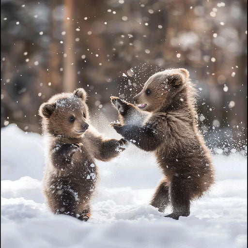 Bear cubs playing in the snow for the first time