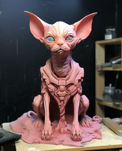 A sphyl cat sitting on a wooden table