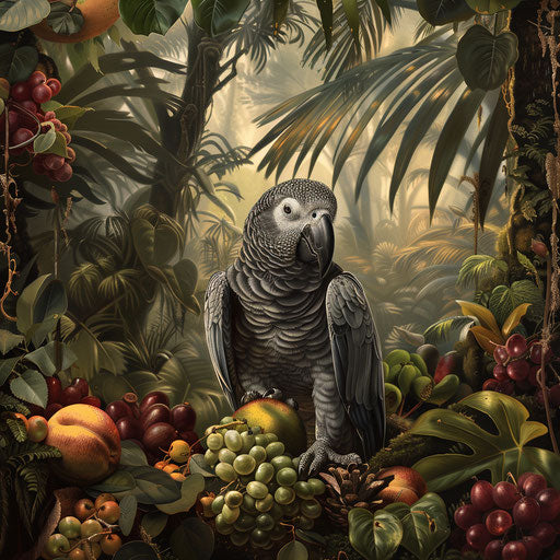 African grey parrot among exotic fruits in a dense tropical forest