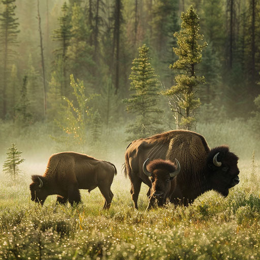 Wood bison family grazing in Canadian wilderness