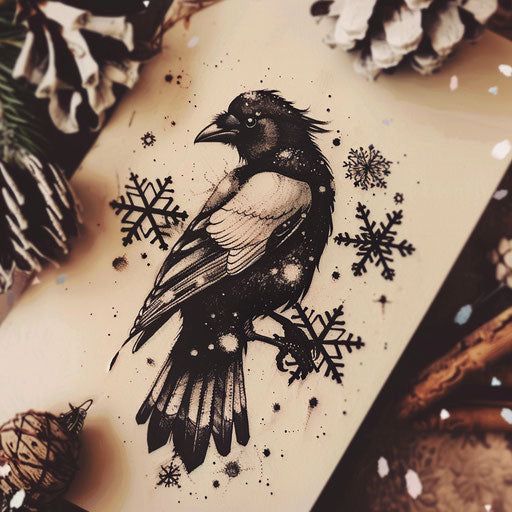 Soft and subtle flat tattoo sketch of a magpie with gentle snowflakes