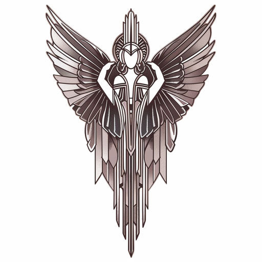 Art Deco guardian angel tattoo on white background