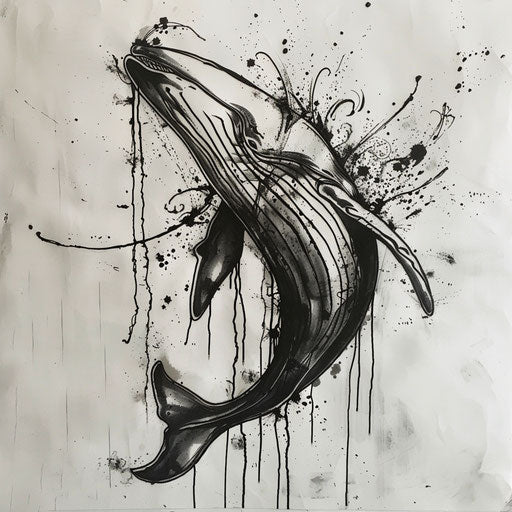Contemporary whale sketch with abstract splatter in black ink