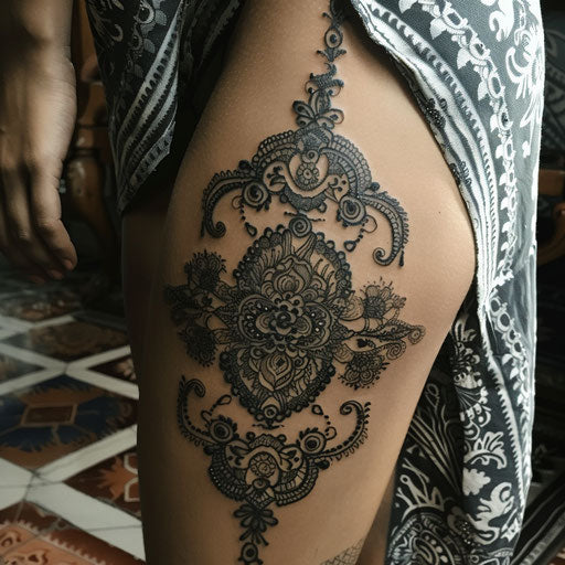 Intricate henna thigh tattoo in the style of Guy Aitchison