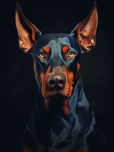 Doberman with strong contours, dark blue and brown