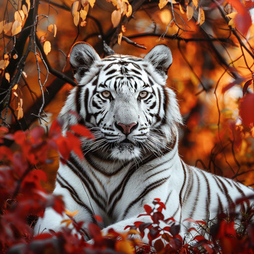 The contrasting beauty of a white tiger among the vibrant autumn colors of a temperate forest habitat.
