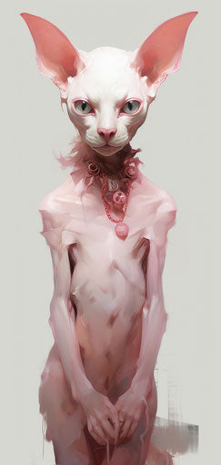 Cat with large head, Rick Owens style, feminine body, disfigured forms
