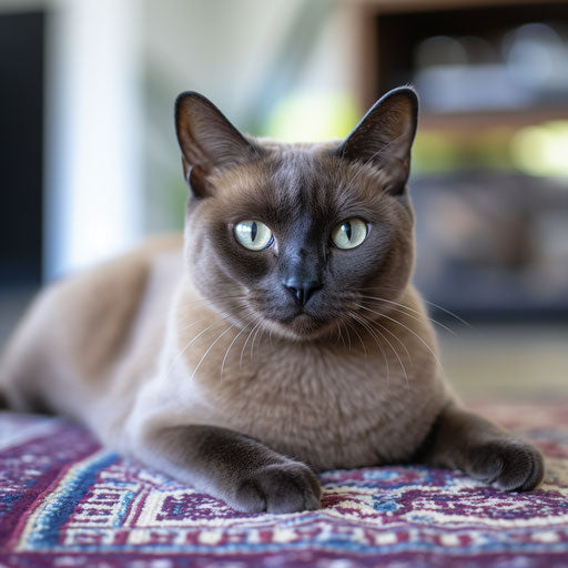 Burmese cat lounging on a carpet