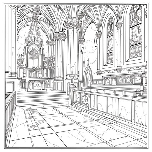 Detailed interior of a church with pews and an altar