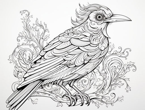 The coloring book of the magpie bird, intricate lines, ornamentation