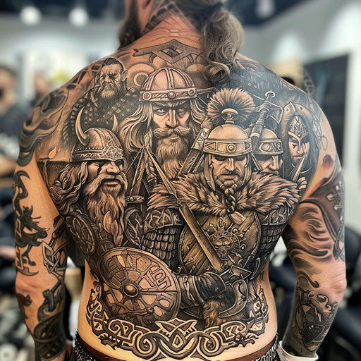 Viking-themed back piece with warriors and runes