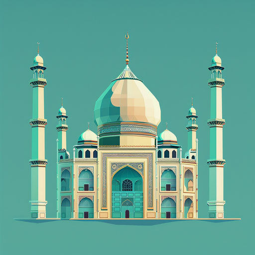 Realistic style mosque clipart on turquoise background