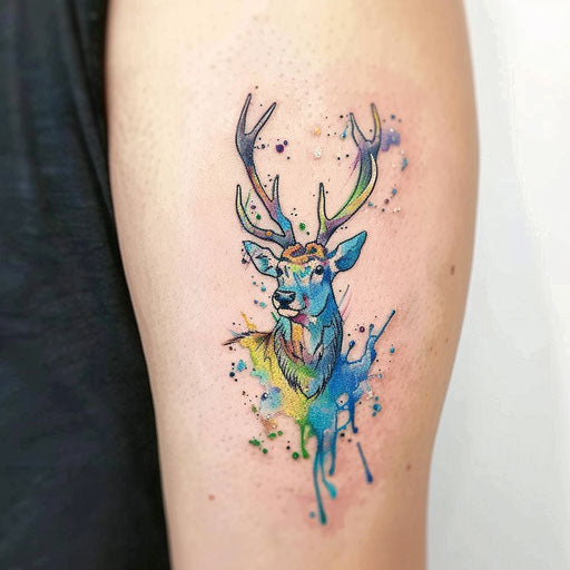Vibrant watercolor-style deer tattoo