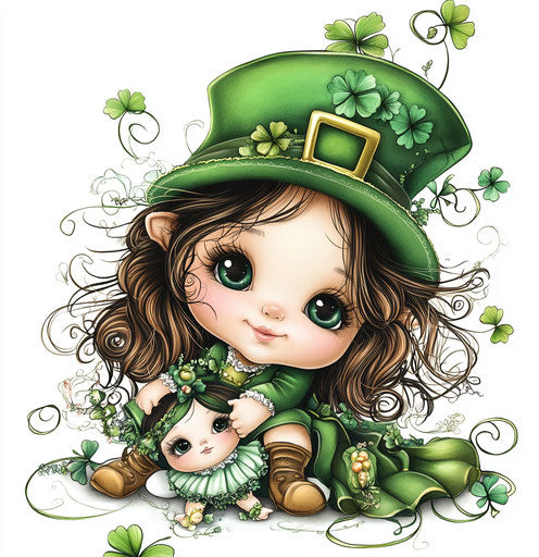 St. Patrick's Day baby girl with a leprechaun and a cute doll