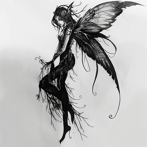 Gothic fairy tattoo design with dark wings on white background