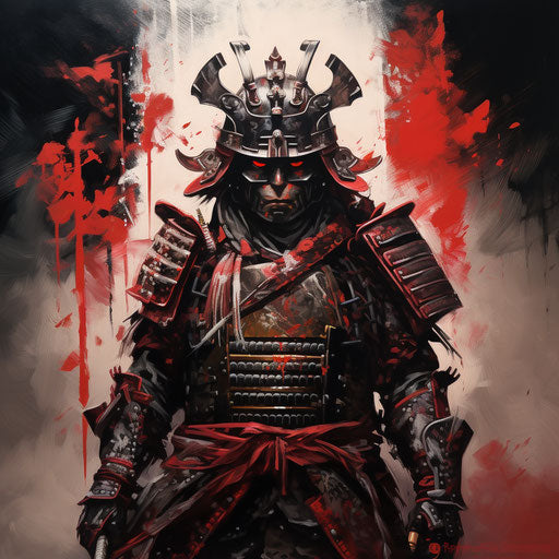 Samurai in armor with splashes of red