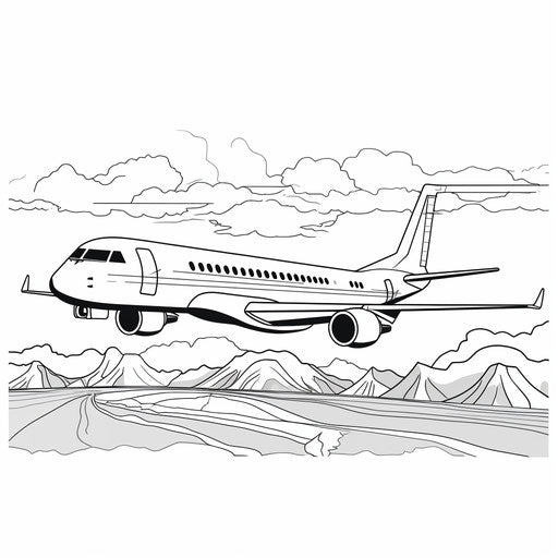 Airplane coloring page on white background, in the style of captivating, long distance and deep distance