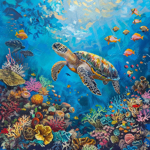 Green sea turtle swimming among marine life in vibrant coral garden