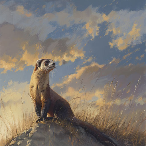 Black-footed ferret on a hill at dawn