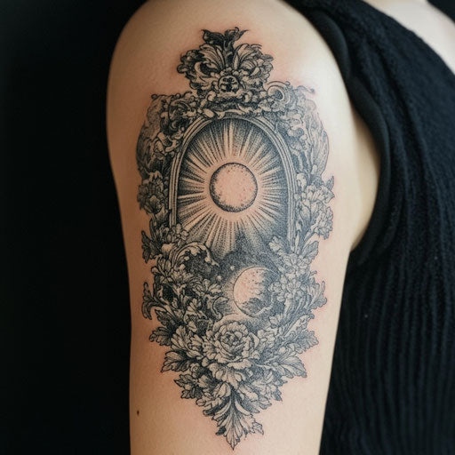 Tricep tattoo of a celestial sun and moon in Maria Sibylla Merian style