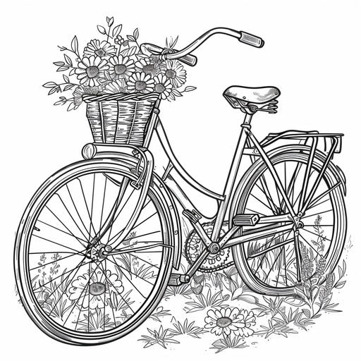Vintage bike with flower basket. Coloring book page