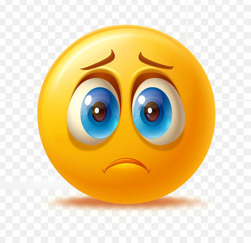 Sad emoji clipart, yellow with blue eyes, transparent background