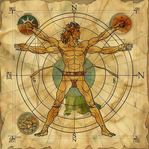 Adventurous tattoo sketch of Vitruvian Man as explorer with compass and map