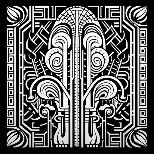 Intricate tribal pattern in black and white, graphic design style