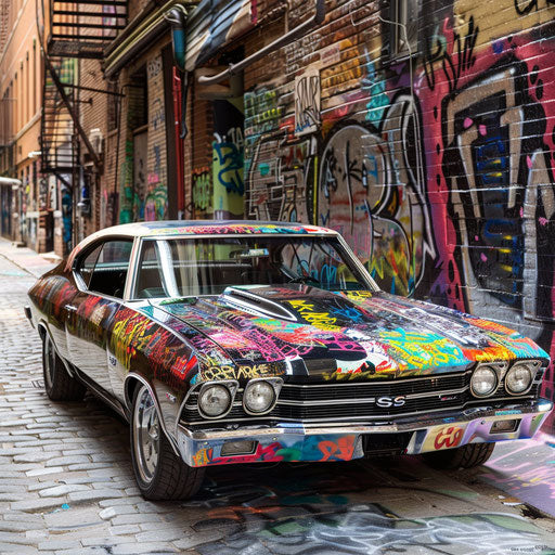 1969 Chevrolet Chevelle SS covered in vibrant graffiti in urban alley