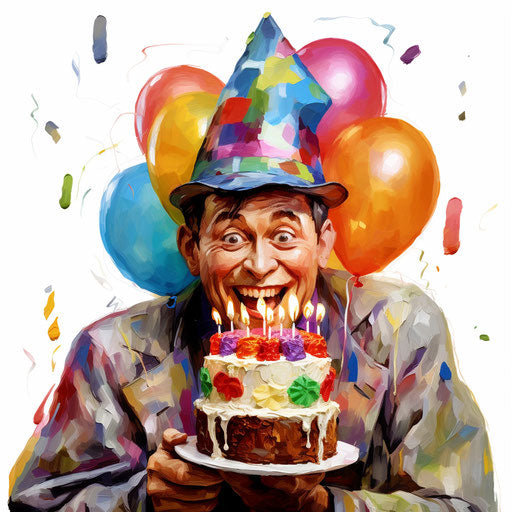 Funny happy birthday clip art in the style of oil painting, on a white background