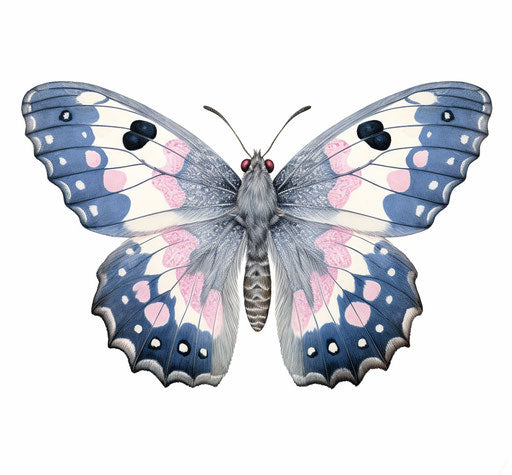 Drawing of a black moth with iridescent pink spots