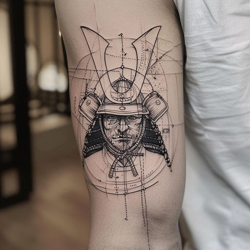 Outline tattoo of a samurai helmet, Ami James style