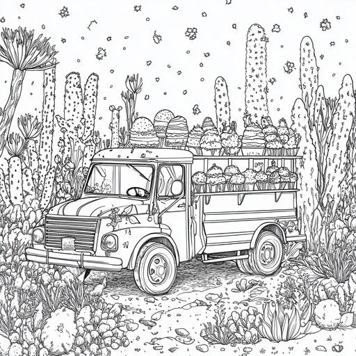 Ice cream truck in a fantasy garden with glowing plants, Megan Hess style, coloring book page