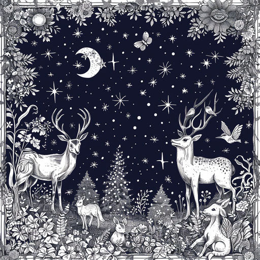 Starry night with whimsical animals, coloring book page