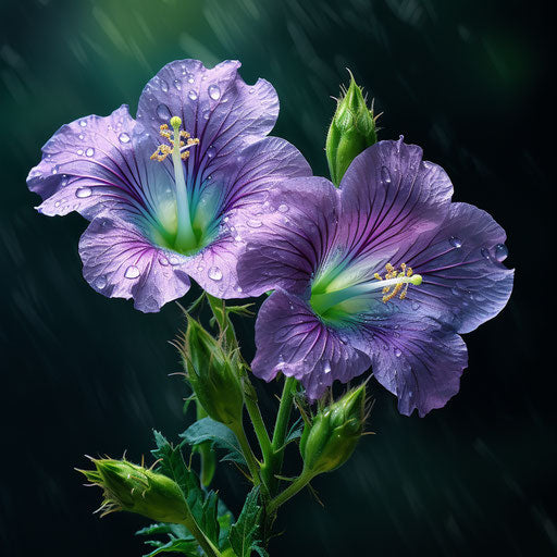 Two purple flowers on green background, paleocore style, wonder of nature