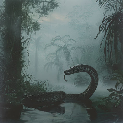 Titanoboa in a misty rainforest morning