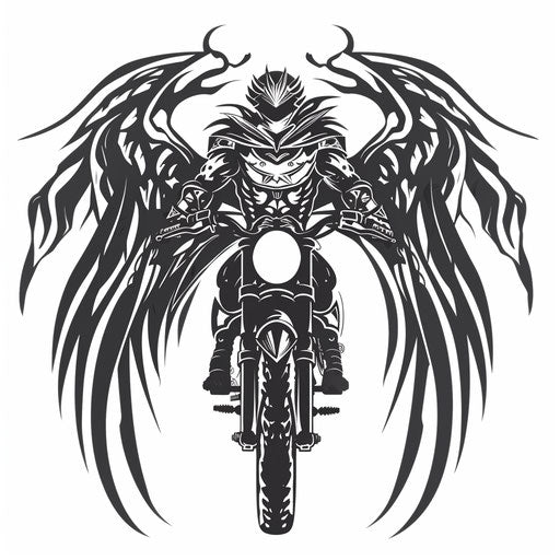 Archangel Michael in tribal style merged with a tribal motorcycle design, tattoo stencil on white background