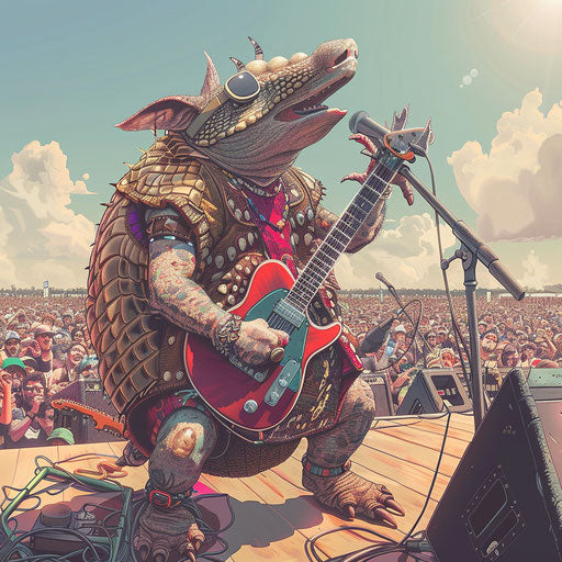 A rock star armadillo performing in front of a massive crowd